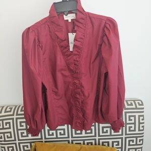 Entro Avara Constance Burgundy Blouse Ruffle Coller Front SMALL New